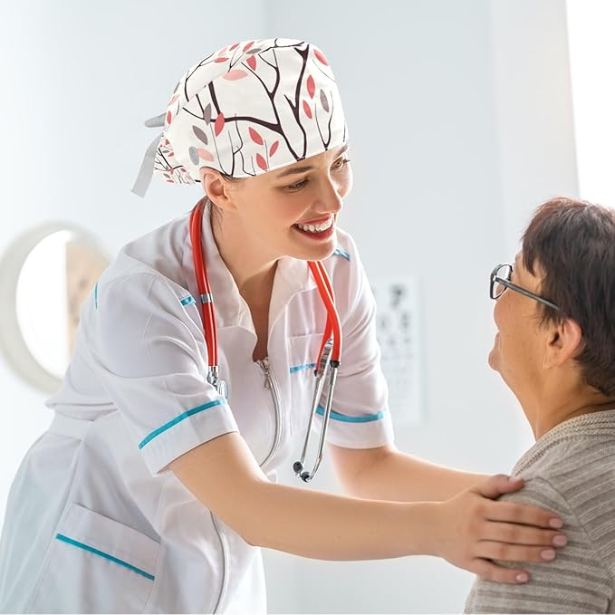 Women Working Cap with Buttons Bouffant Hat Autumn Leaves Nurse Scrub Caps Long - Image 6