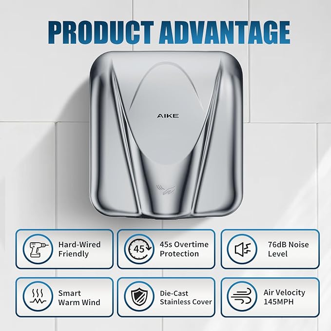 AIKE Elephant Power Commercial Hand Dryer High Speed Auto Warm Wind, Polished - Image 5