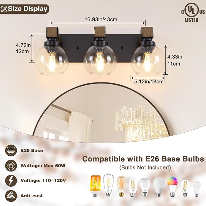 Farmhouse Bathroom Light Fixtures, 3-Light Rustic Wood Bathroom Lights Over - Image 2