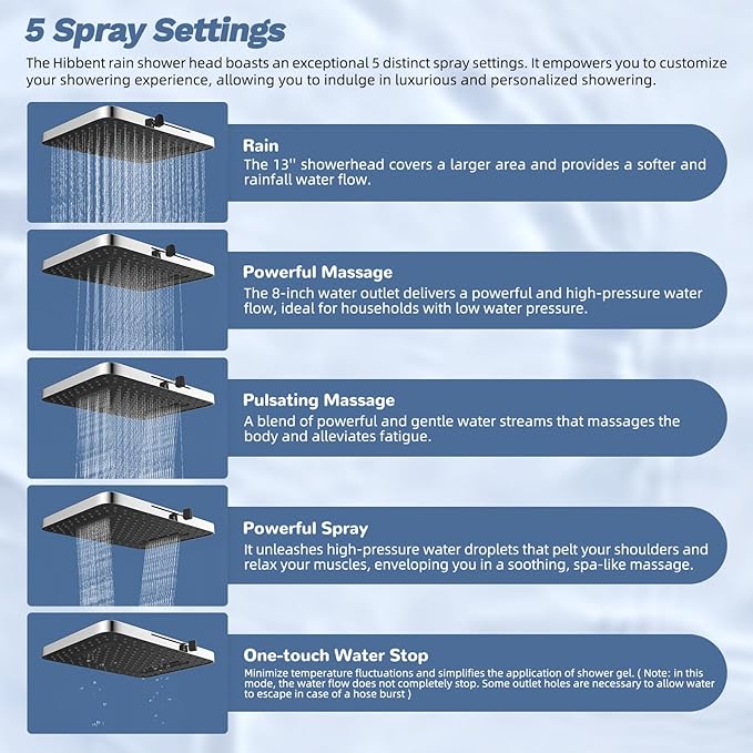 Hibbent Upgraded cUPC Certified 13'' Shower Head Combo, High Pressure 5-spray - Image 2