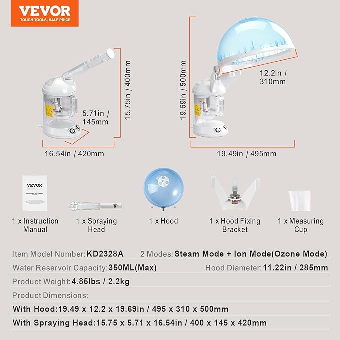 VEVOR Hair Steamer, 2 in 1 UV Ozone Hair & Facial Steamer - Image 7