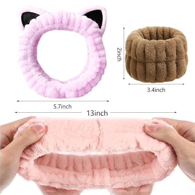 Cat Ears Headband, Cute Spa Headband and Wristband Set Washing Face Skincare - Image 6