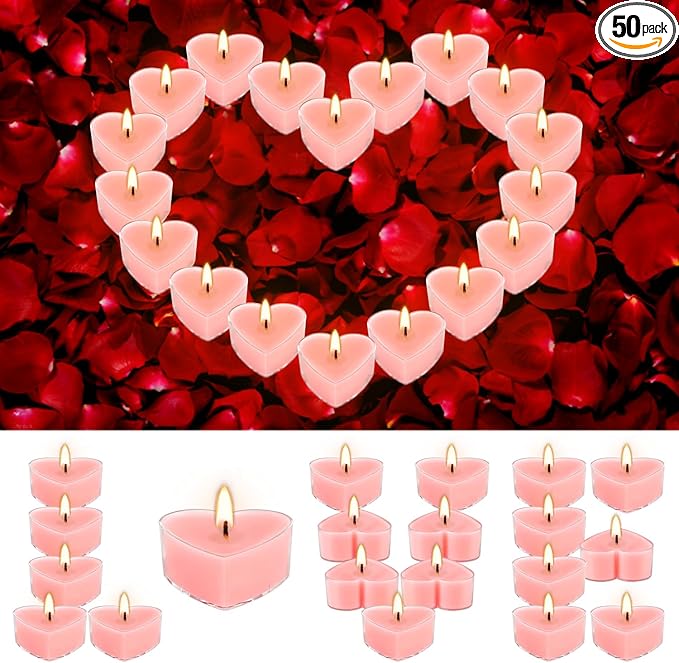 Valentine's Gift 50 PCS Heart Shaped Tea Light Candles, Rose Scented 4-Hour by fclayvts