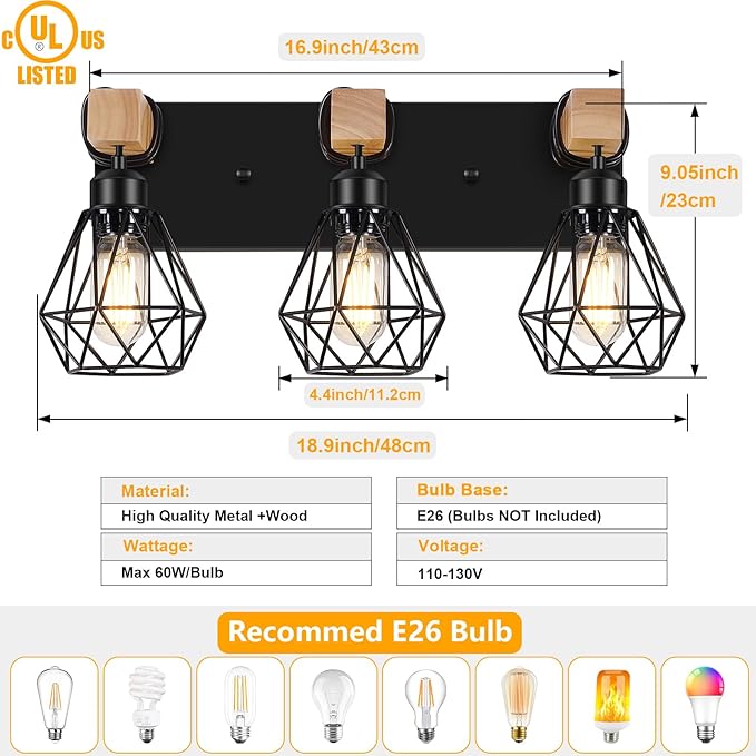 FadimiKoo 3-Light Farmhouse Bathroom Vanity Light Fixtures, Wood Bathroom - Image 2