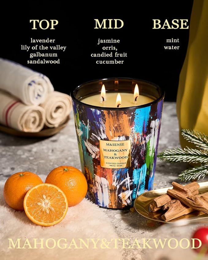 M&SENSE Large 3-Wick Teakwood Scented Soy Candle, 35oz 150 Hours Clean Burning - Image 3