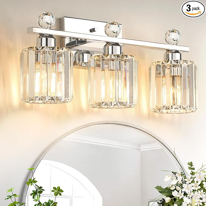 Crystal Bathroom Lighting Fixtures Over Mirror, 3 Light Chrome Brushed Nickel by KunruiTAI