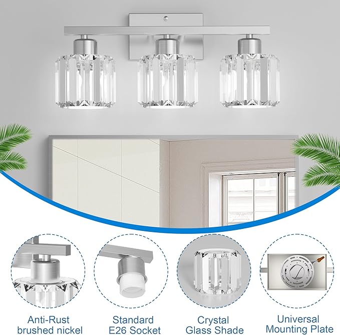 comzler 3-Light Bathroom Light Fixtures Over Mirror, Brushed Nickel Crystal - Image 4