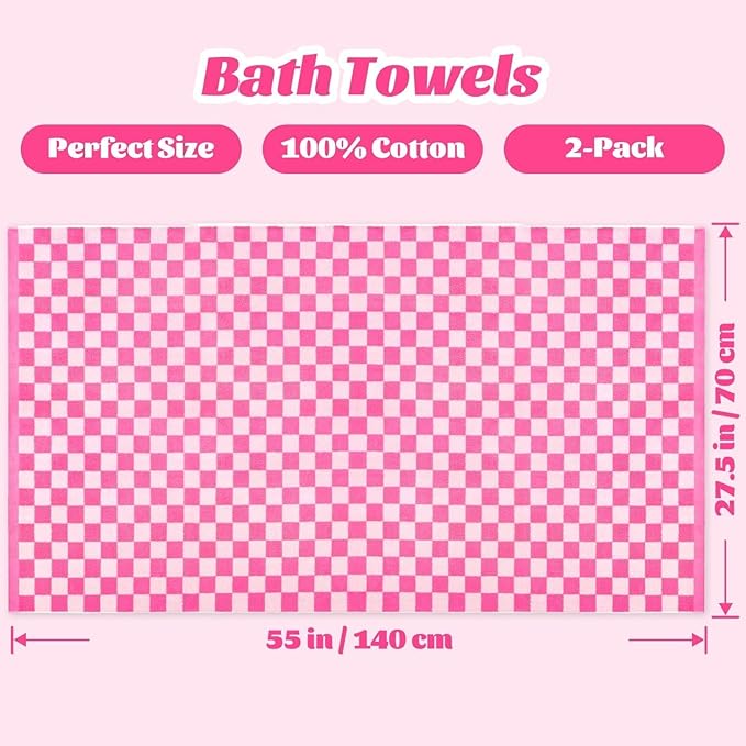 Jacquotha Hot-Pink Checkered Cotton Bath Towels Set of 2 - Image 6