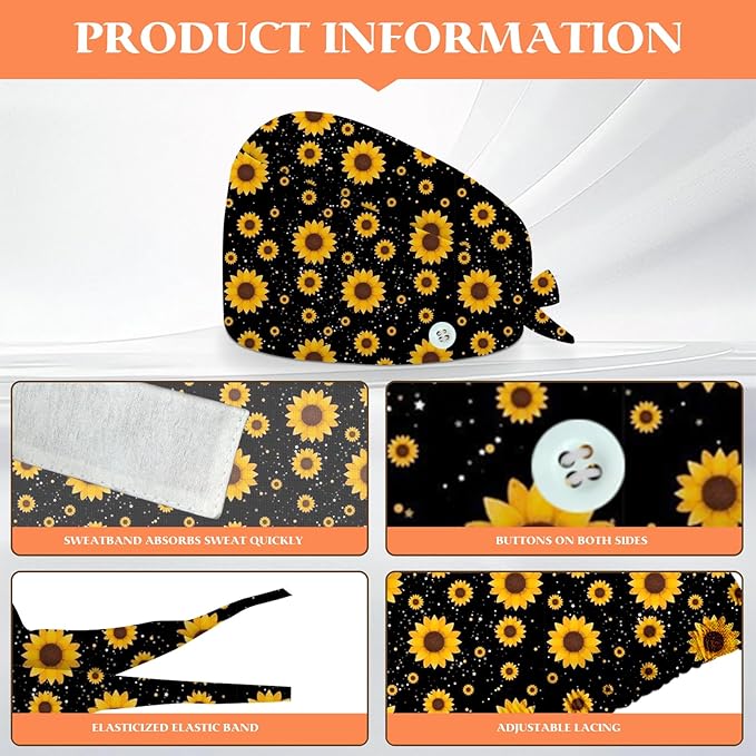 Adjustable Scrub Cap with Buttons & Sweatband, Working Hat with Elastic Tie Back - Image 2