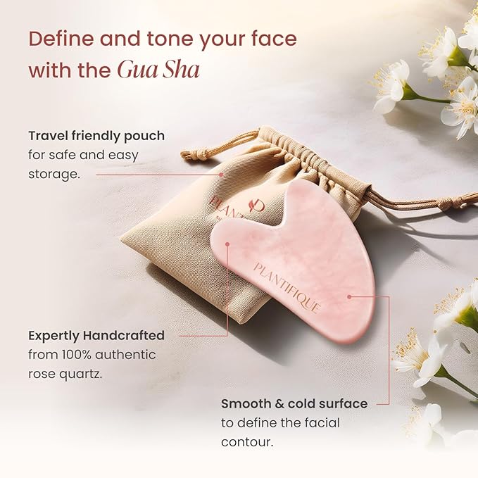 PLANTIFIQUE Massage Set: Rose Quartz Gua Sha & Vitamin C Face Serum Korean - Image 4