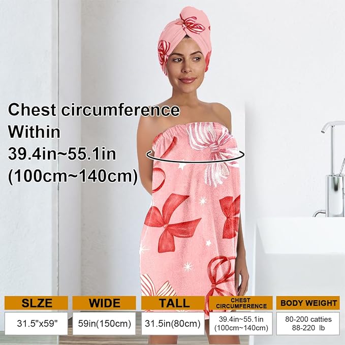 Pink Bow Bath Wrap and Hair Drying Cap Set – Soft Quick Dry Shower Skirt - Image 3