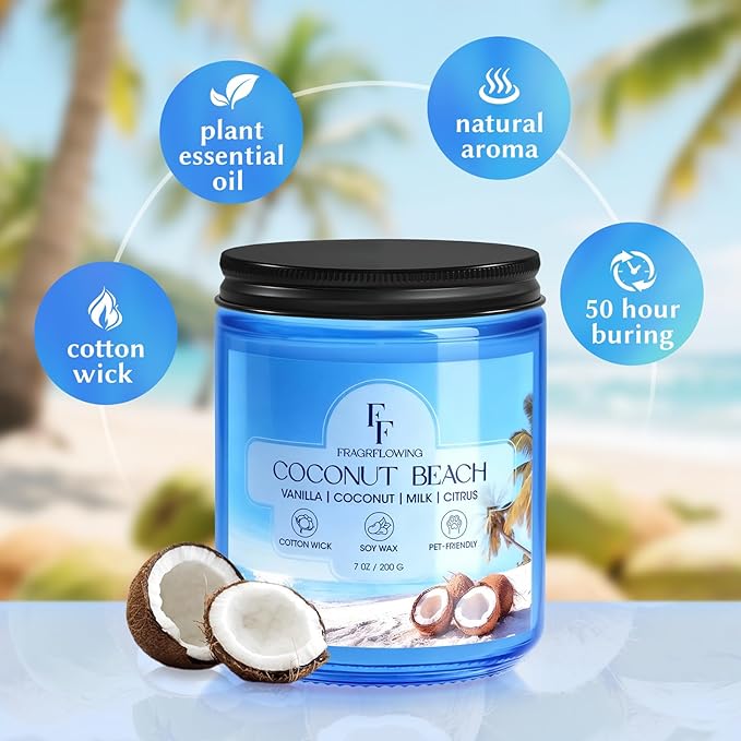 Coconut Beach Scented Candle, Natural Soy Wax Jar Candle - Image 3