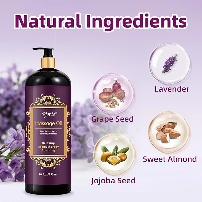 Pjordo Aromatherapy Lavender Massage Oil, 10 fl oz Relaxing Massage Oil - Image 2