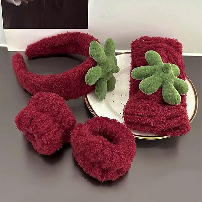 Ivyu Spa Skincare Headbands& Wristband Set，Cute Strawberry Makeup Headband - Image 2