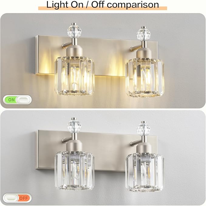 PRESDE 2-Light Crystal Bathroom Vanity Light, Brushed Nickel Modern Bath - Image 4