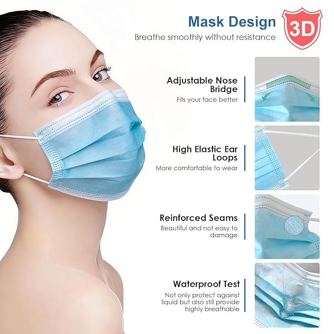 NNPCBT Blue Disposable Face Masks 100 Pack, 3-Ply Breathable Mask - Image 3