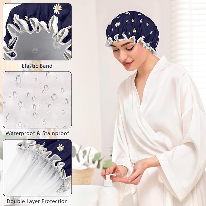 Waterproof Shower Caps for Women, Pattern And Solid Color Dual-Layer Design For - Image 2