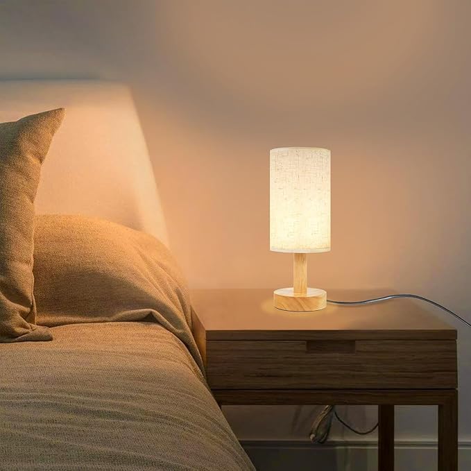 Small Bedside Table Lamps for Bedroom Set of 2, Natural Round Wood Base&Fabric - Image 2