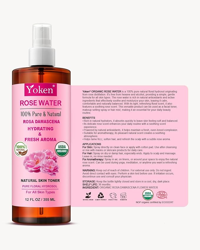 Yoken Organic Rose Water Spray for Face, 12 Fl Oz Fine Mist, Rosewater Face Mist - Image 7