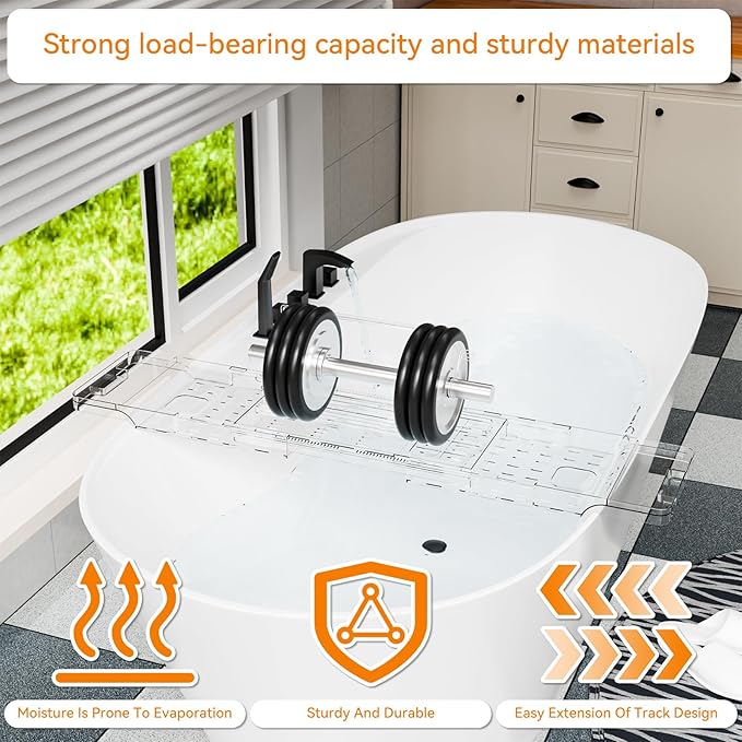 Yieach Luxury Clear Bathtub Shelf Across Tub, Expandable Plastic Bathtub Tray - Image 6