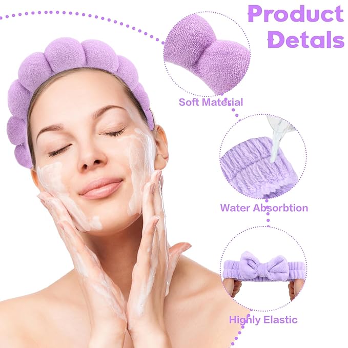 Purple Spa Headband and Wristband Set, Soft Elastic Face Washing Accessories - Image 7