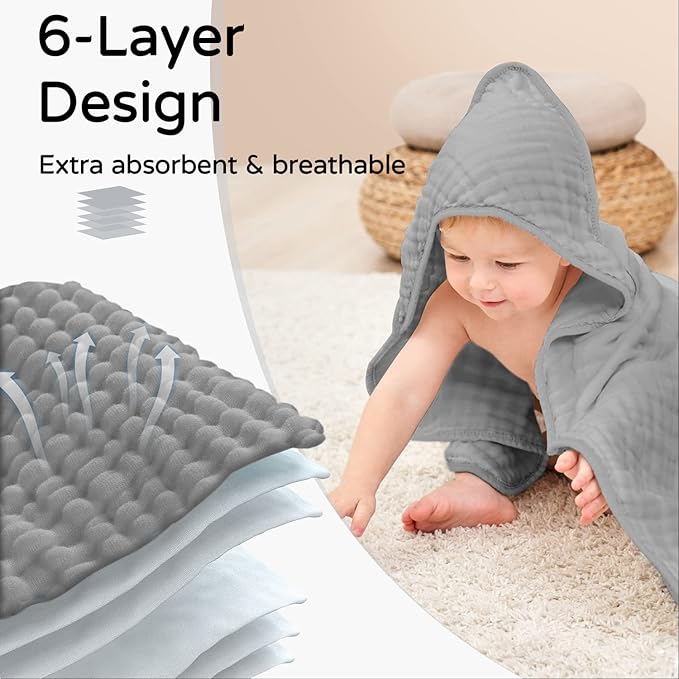 Yoofoss Hooded Baby Towels for Newborn 2 Pack 100% Muslin Organic Cotton Baby - Image 3