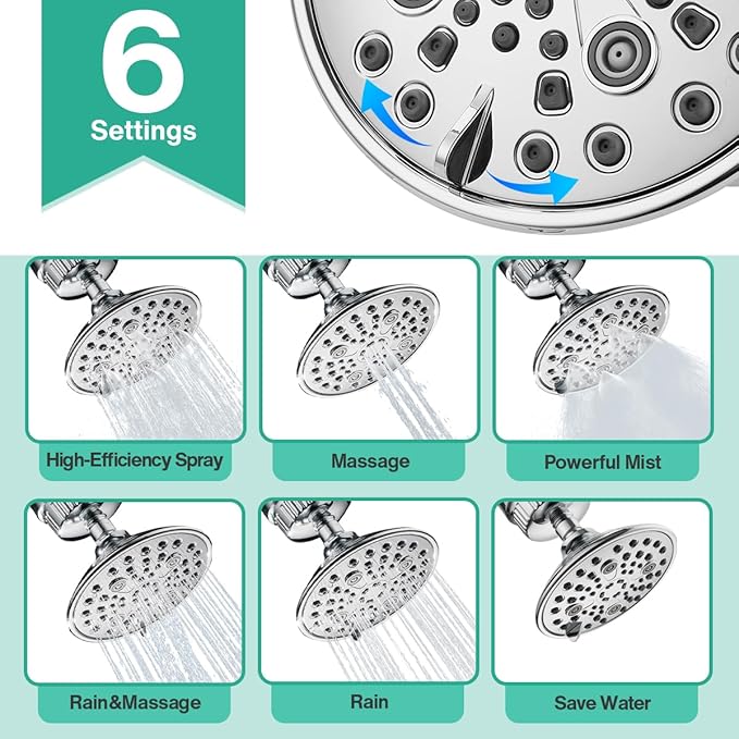 Cobbe 6-Setting High Pressure Filtered Shower Head Combo, Detachable Rain - Image 5