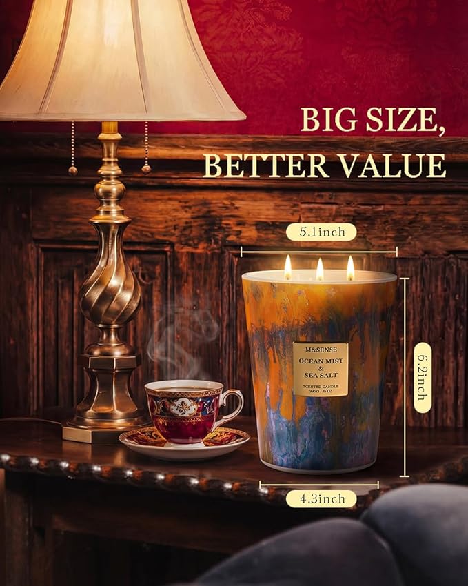 M&SENSE Large 3-Wick Ocean Scented Soy Candle, 35oz 150 Hours Non-Toxic - Image 2
