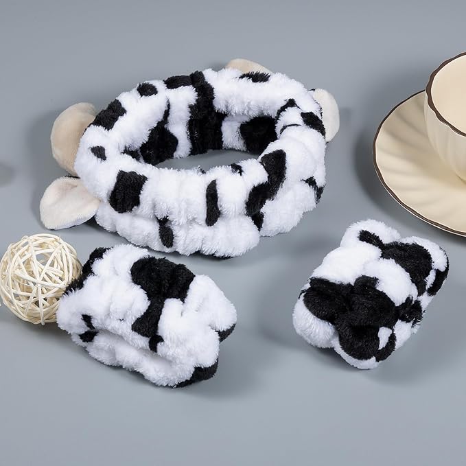 Plush Wash Face Headband Cow Print Spa Wrist Band Cuffs Hair Scrunchy Women - Image 2