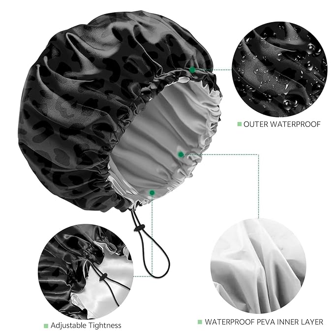 2 PCS Shower Cap Waterproof Double Layer Elastic Adjustable Reusable Hair Bath - Image 3