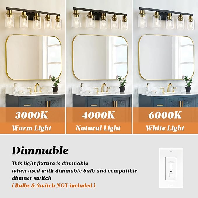 5-Light Black and Gold Bathroom Vanity Light, Bathroom Light Fixtures, Wall - Image 7