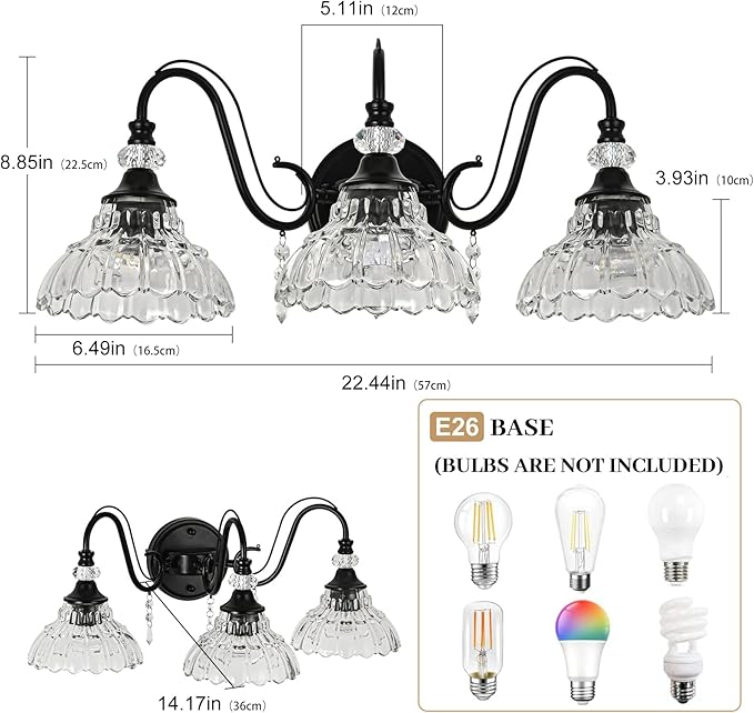 Black Bathroom Vanity Light, 3-Light Matte Black Finish Farmhouse Wall Sconce - Image 6