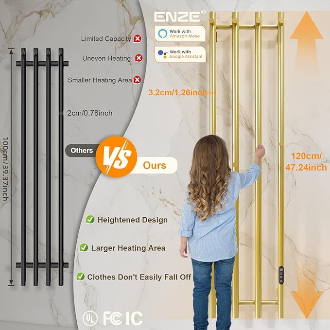 ENZE Smart Heated Towel Rack, Wall Mounted Electric Towel Warmer 300W - Image 7