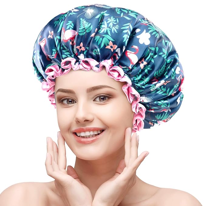 mikimini Large Shower Cap for Women Long Hair, 2 Pack, Flamingo Shower Caps by mikiminidirect