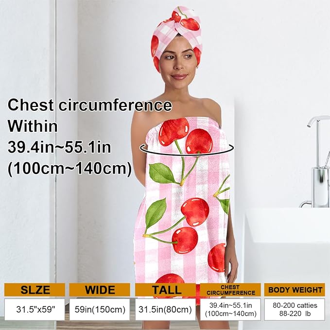 Cherry Bath Wrap with Hair Turban – Pink Check Microfiber Shower Skirt and - Image 3