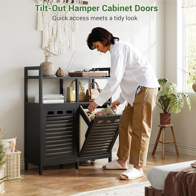 Homykic Tilt Out Laundry Hamper Cabinet, Bamboo Double Laundry Hamper - Image 4