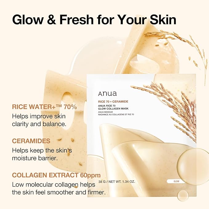 ANUA Rice 70 Glow Collagen Mask, Overnight Face Mask - Image 3