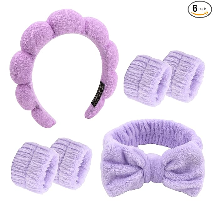 Purple Spa Headband and Wristband Set, Soft Elastic Face Washing Accessories by TIOSRU