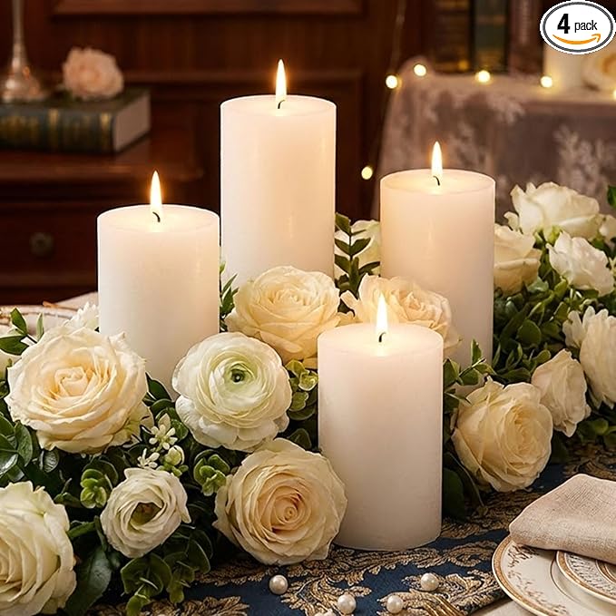 4 Pcs White Orange Vanilla Scented Pillar Candles, 60H Long-Lasting Burn by MAKALONE