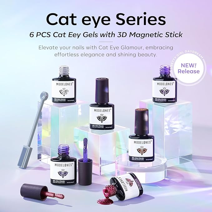 modelones Cat Eye Gel Nail Polish Set, 6 Colors Winter 9D Glassy Cat Eye - Image 6
