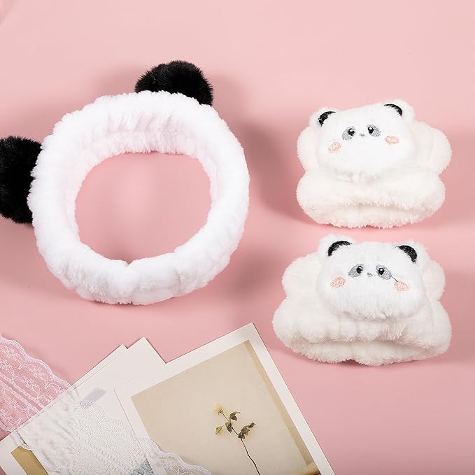 Pom Pom Panda Ears Plush Wash Face Headband Spa Wrist Band Cuffs Hair Scrunchy - Image 7