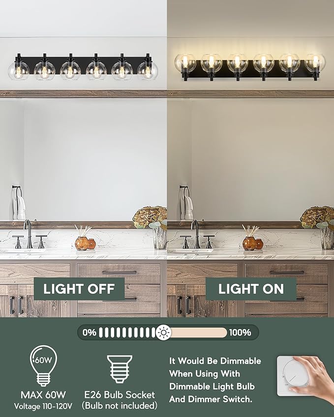 Bathroom Light Fixtures, 6 Light Matte Black Vanity Light, 38 Inch Modern Wall - Image 6