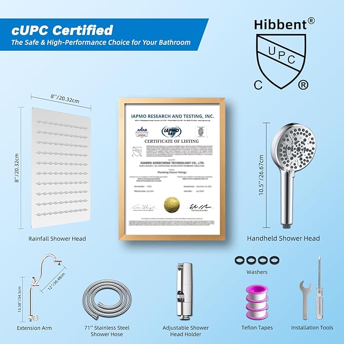 Hibbent cUPC Certified All Metal 8" Rainfall Showerhead Combo, High Pressure - Image 9