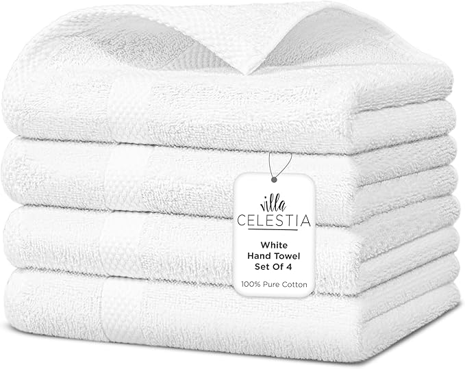 100% Cotton Hand Towel Set of 4, Sustainable, Highly Absorbent, Quick Drying by VillaCelestia