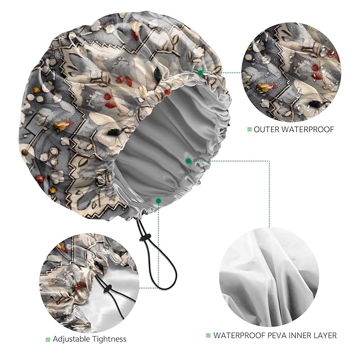 2 PCS Shower Cap Waterproof Double Layer Elastic Adjustable Reusable Hair Bath - Image 3