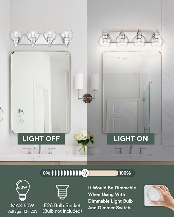 Bathroom Light Fixtures, 4 Light Brushed Nickel Vanity Light, 26 Inch Modern - Image 2