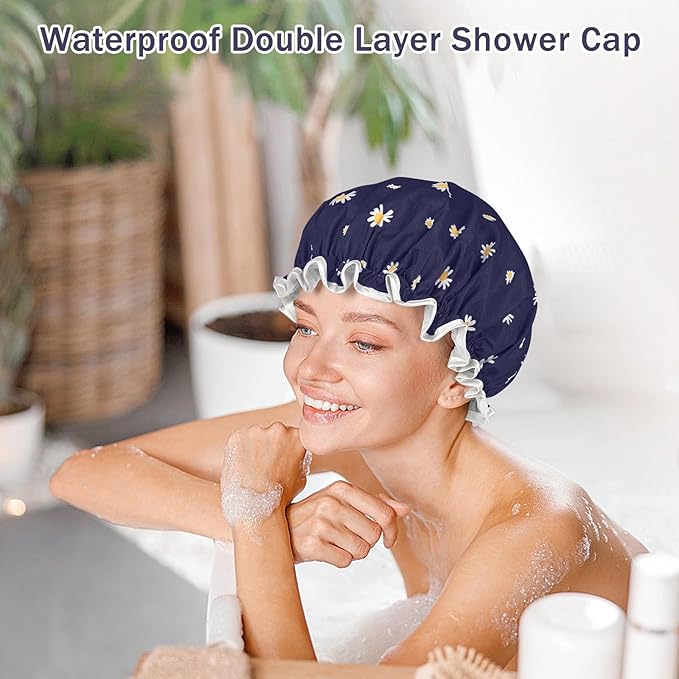 Waterproof Shower Caps for Women, Pattern And Solid Color Dual-Layer Design For - Image 5