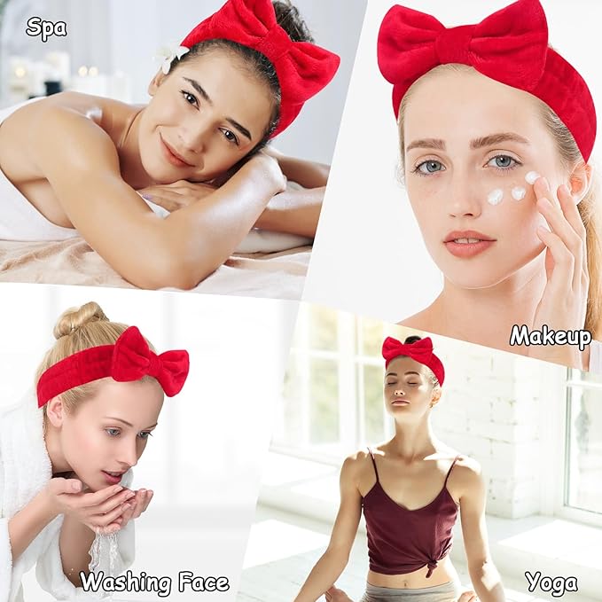 Casoty 6 Pcs Red Spa Headbands, Skin Care Headband, Soft Coral Fleece Makeup - Image 3