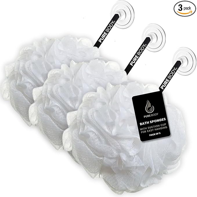 Large White Bath Sponge Pack of 3 – Gentle Exfoliation Loofahs by PureBody