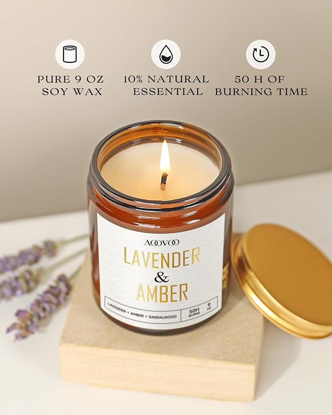 AOOVOO Lavender Amber Candles - 9 oz Scented Candles - Image 3